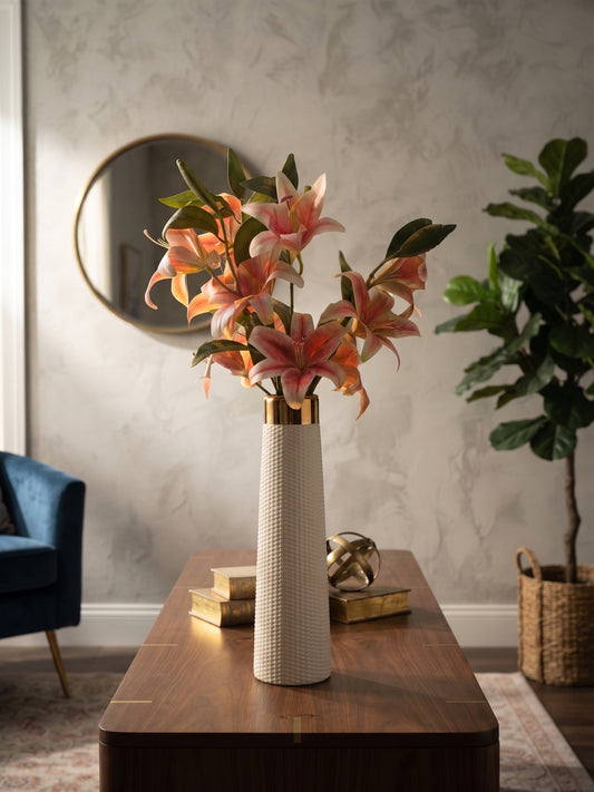 Modern White Ceramic Vase With Artificial Pink Lilies